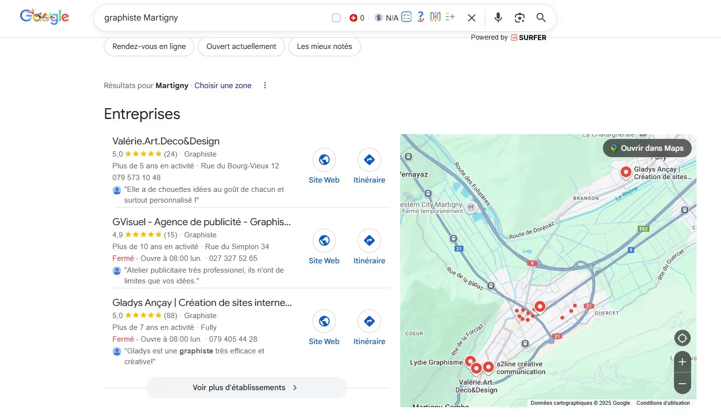référencement site internet Vaud Résultats Google Maps Local Pack pour graphiste Martigny - référencement local